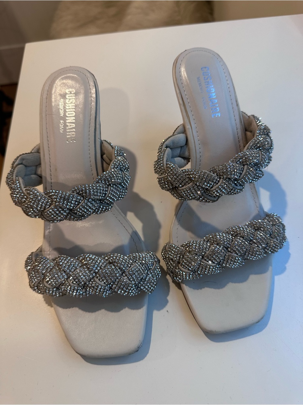 Cushionaire Silver Braided Crystal Two-Strap Slide Mules